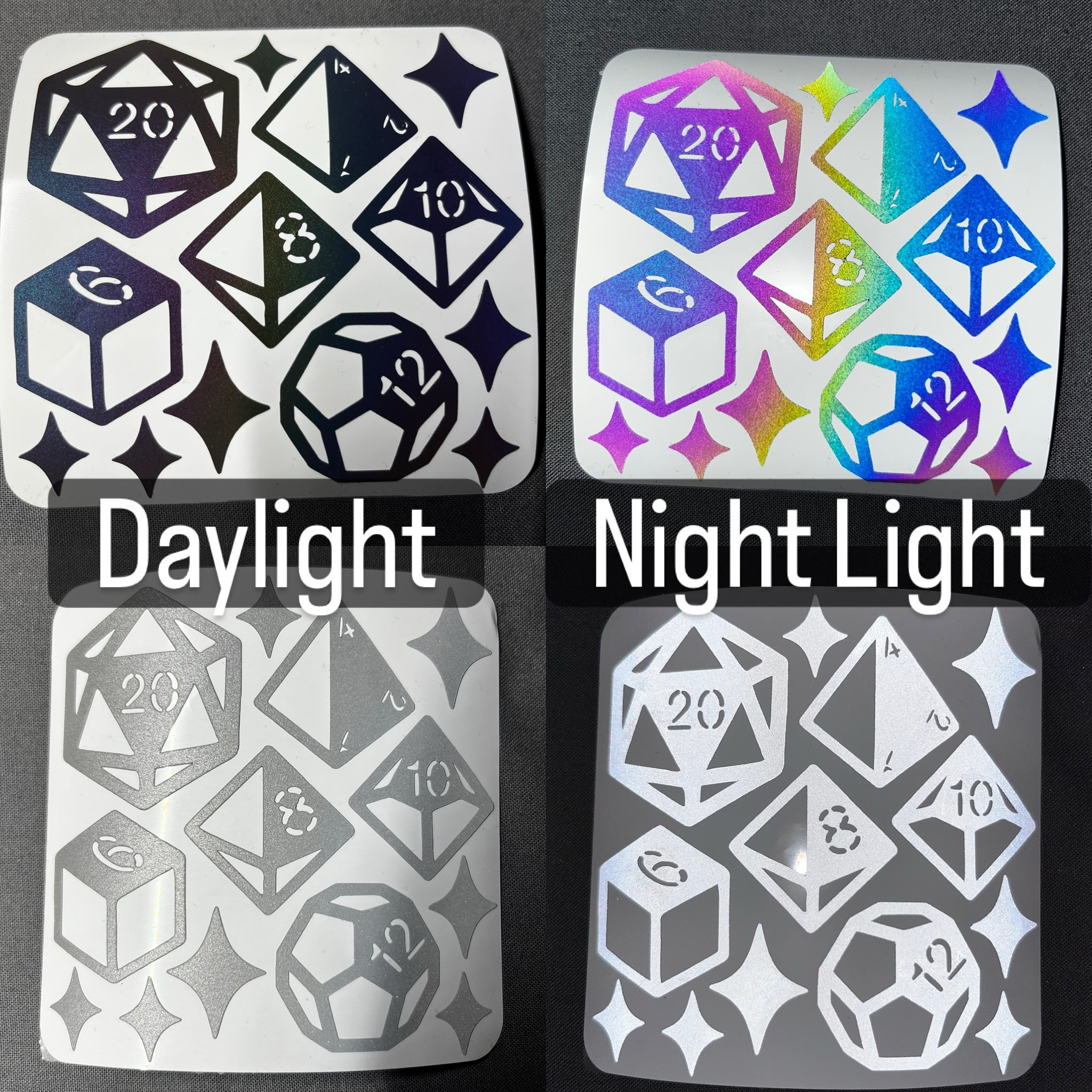 Four views of retro-reflective stickers, cut into TTRPG shapes with numbers stenciled on one face.  The two on the left side of the photograph are taken in daylight; the top one appears black and the bottom a dull silver.  The two on the right side were taken with a light reflecting off them; the top one is bright rainbows and the bottom is a very bright shiny silver.  Superimposed on the left side is the word "Daylight", on the right "Night Light."
