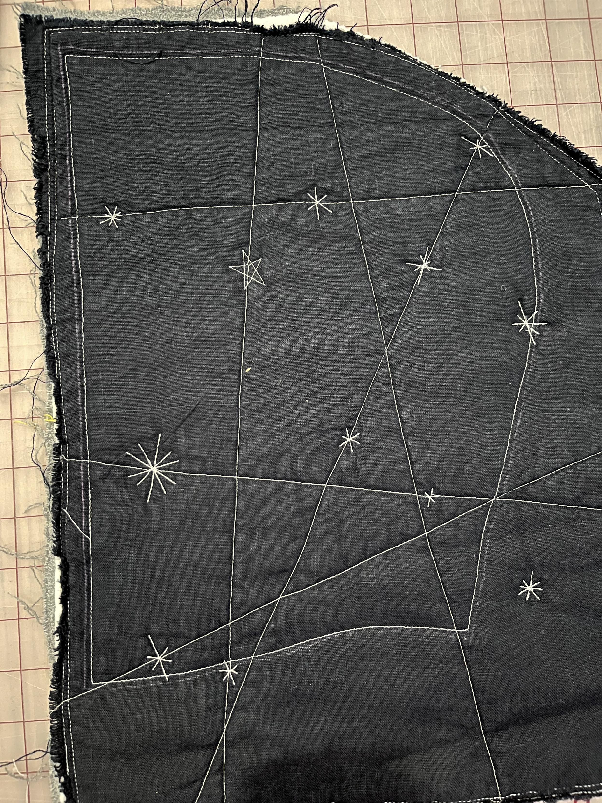 A navy blue piece of linen with quilted star trails on it. A pattern piece for a hood is traced onto it and there is a line of white machine stitching just inside the chalk line for the pattern piece.
